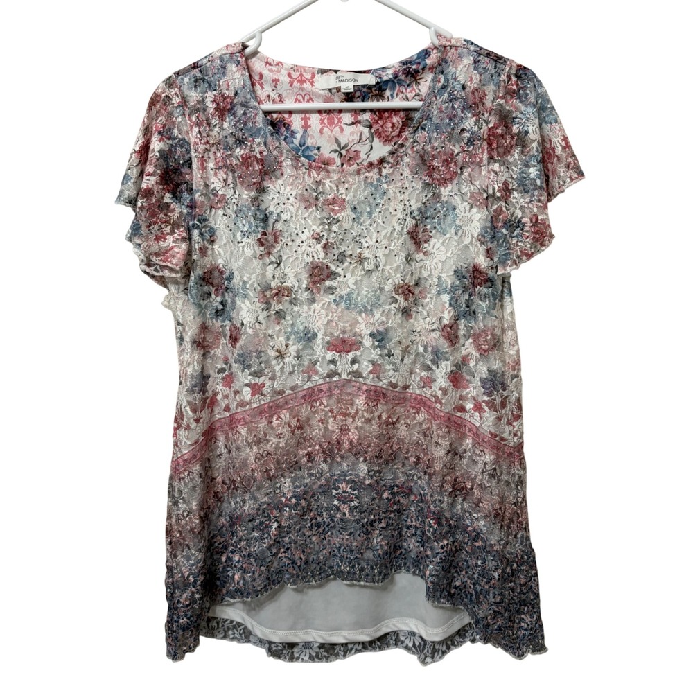 89th + Madison Women Floral Lace Sequin Scoop Neck High Low Blouse Pink Blue M